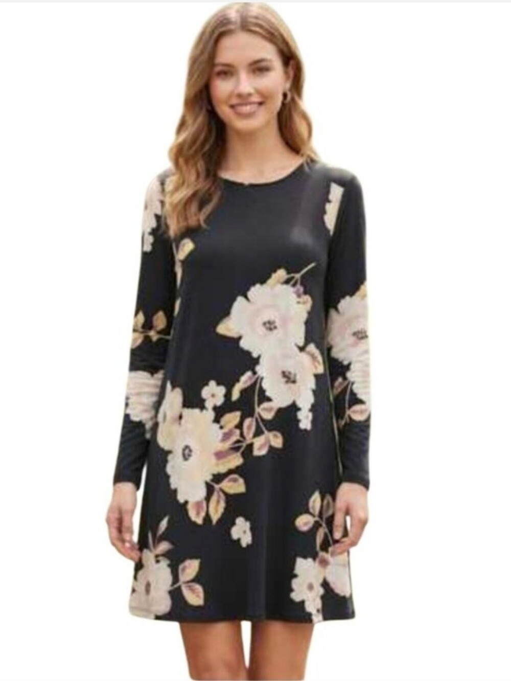 Floral Long-Sleeve A-Line Dress in Black and Cream